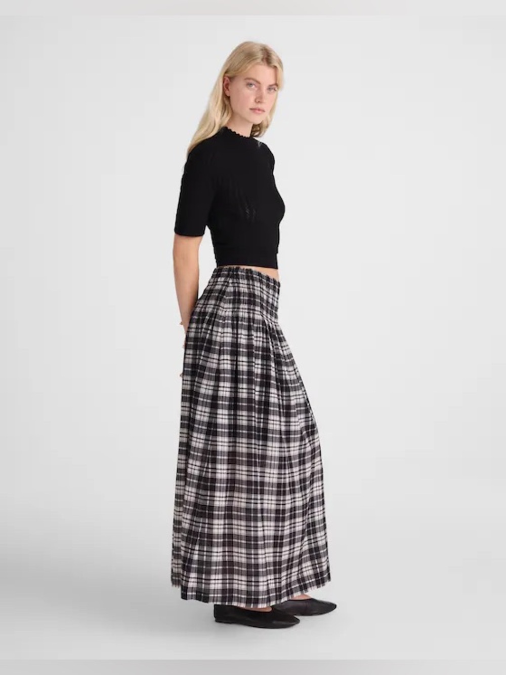 Madewell Smocked-Waist Maxi Skirt in Plaid Black / White Size Small - Picture 3 of 12